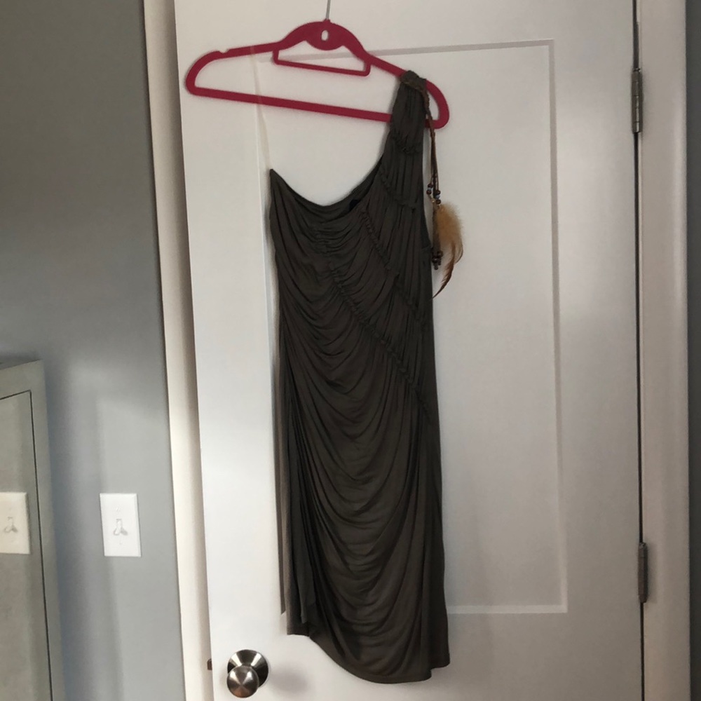 One shoulder feather beaded detail dress!